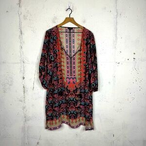 Tolani Deep V-Neck Silk Peasant Floral Print Tunic Top Oversize Silk Blouse 1X